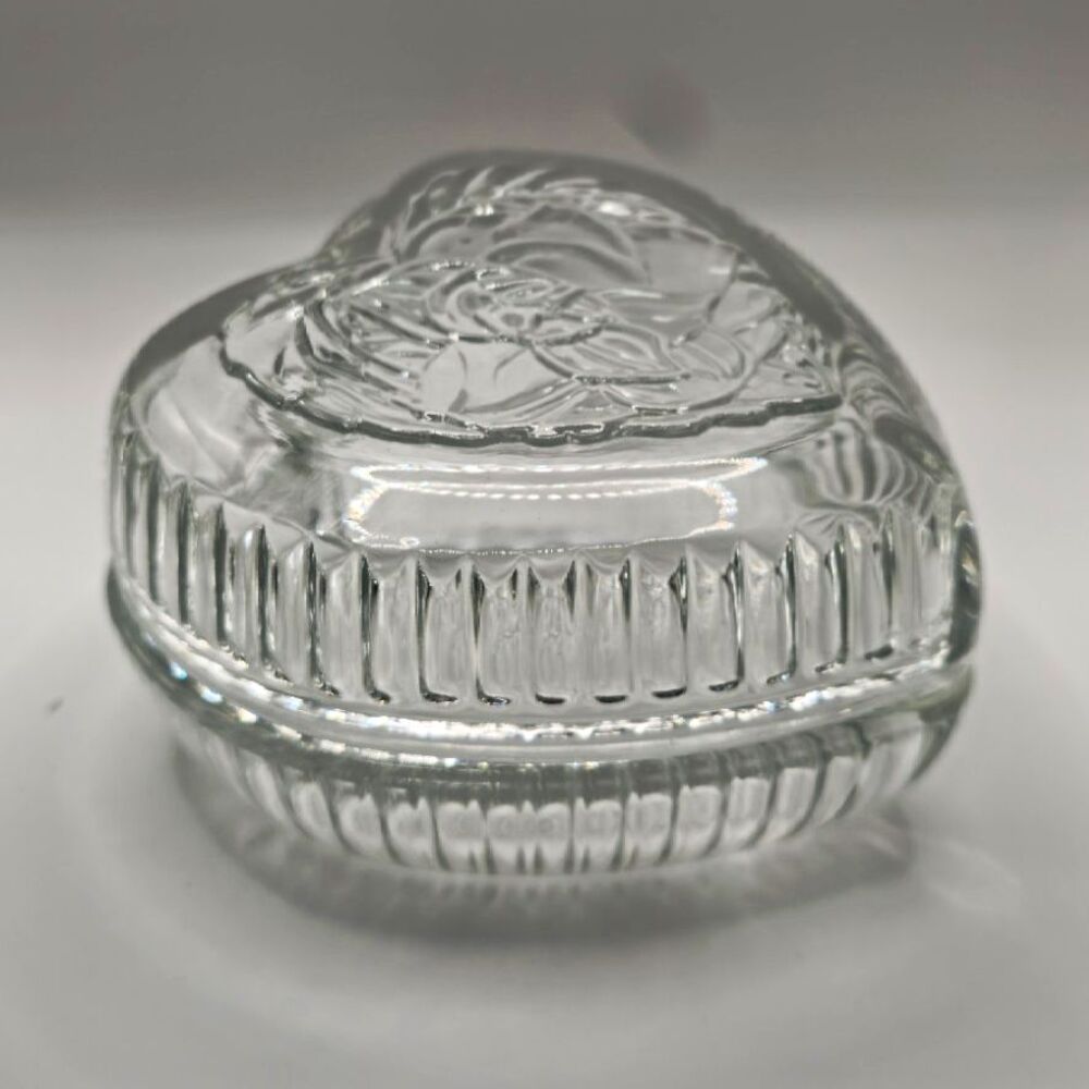 Clear Pressed Glass Heart-Shaped Trinket Box with Lid 2-Piece Set